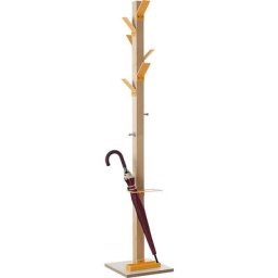 Portemanteau sur pied, bois massif, avec porte-parapluies et égouttoir, couronne orange
