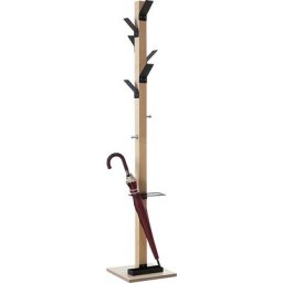 Portemanteau sur pied, bois massif, avec porte-parapluies et égouttoir, couronne noire