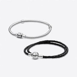 Coffret Cadeaux Double Bracelet en Cuir Noir et Bracelet Maille Serpent Fermoir Barillet Moments