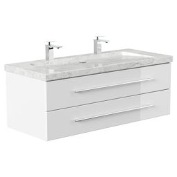 Meuble SDB Damo blanc brillant avec double vasque en marbre Carrara White, 130cm