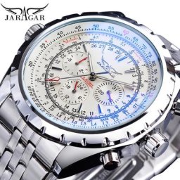 Jaragar-Montre existent à Cadran Blanc en Acier Inoxydable Argenté avec Date Mécanique