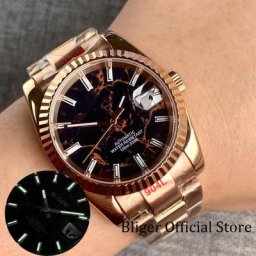 BLIGER-Montre pour Homme NH35A Boîtier de Verhéritage existent Lunette Cannelée Cadran Bleu et