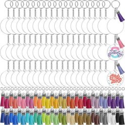 Porte-clés rond en acrylique avec pompon en cuir disques circulaires transparents anneaux