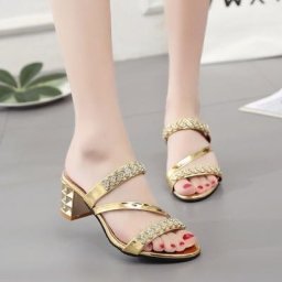 Sandales à talons mi-hauts et épais pour femmes avec strass bout ouvert nouvelle collection été