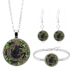 Witchcraft – ensemble de bijoux avec Photo de chat noir 4 pièces pendentif en verre boucle