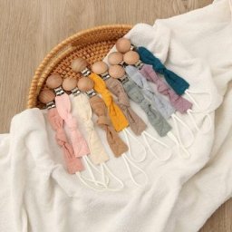 Attache-sucette en coton pour bébé 1 pièce chaîne en bois de hêtre porte-sucette de couleur unie
