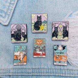 Broche en émail tarot géométrique créatif pour femme soleil nuit ciel étoiles chat noir