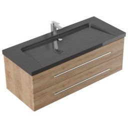 Meuble SDB Damo en décor chêne avec simple vasque en granit India Black 130cm