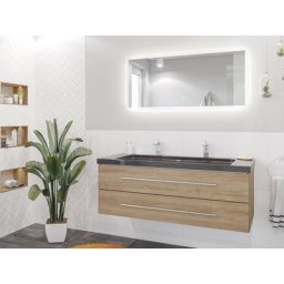 Damo décor chêne avec double vasque en granit India Black 130cm & miroir à LED