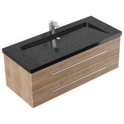 Meuble SDB Damo en décor chêne avec une vasque en granit Galaxy Black 130cm