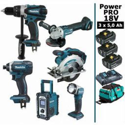 Pack Power PRO Makita 6 outils 18V: Perceuse DDF458 + Visseuse à choc DTD152 + Meuleuse DGA504 +