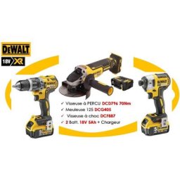 Pack de 3 outils 18V (DCF887 + DCD796 + DCG405) + 2 batteries 5Ah + chargeur + coffret tstak Dewalt