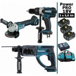 Makita - Pack Power pro 18V: Perceuse 91Nm DDF458 + Perfo 2J DHR202 + Meuleuse 125mm DGA504 + 3