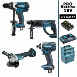Makita - Pack Pro 18V 5Ah: Perceuse 91Nm DDF458 + Meuleuse 125mm DGA504 + Perforateur 2J DHR202 +