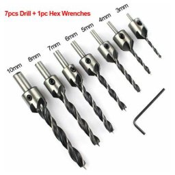 7pcs hss 5 Fraise Foret Mèche Perceuse Bois Chanfrein 3-10mm Clé
