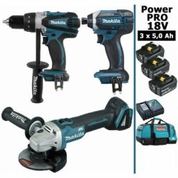 Makita - Pack Power pro 18V: Perceuse 91Nm DDF458 + Meuleuse 125mm DGA504 + Visseuse à chocs 165Nm