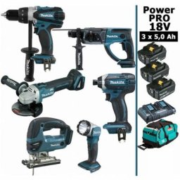 Makita - Pack Power pro 6 outils 18V: DDF458 + DHR202 + DGA504 + DTD152 + DJV180 + Lampe + 3 batt
