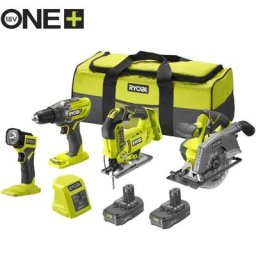 Ryobi - Pack 4 outils : perceuse-visseuse, scie sauteuse, scie circulaire, lampe led + 1 grand sac,