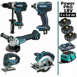 Makita - Pack Power pro 5 outils 18V: DDF458 + DGA504 + DTD152 + DJV180 + DSS610 + 3 batt 5Ah + sac