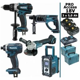 Makita - Pack Pro 18V 5Ah: Perceuse 91Nm DDF458 + Meuleuse 125mm DGA504 + Perforateur 2J DHR202 +