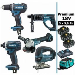 Makita - Pack premium 5 machines 18V 5Ah: Perceuse DDF482 + Meuleuse DGA504 + Perforateur DHR202 +