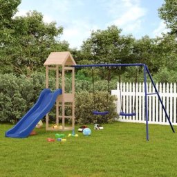 Aire de Jeux Maisonnette de jeu avec toboggan balançoires - Maison de jeu - bois massif de pin
