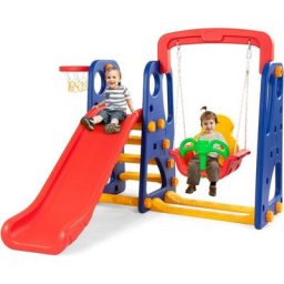 Tobbogan et Balancoire pour Enfants 4 en 1 avec Panier de Basketball, Balancoire, Portique,
