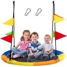 Balançoire Nid d'Oiseau Ronde Φ100 cm avec 8 Drapeaux Hauteur Réglable 100-160CM Cordes