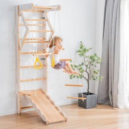 LBF - Aire de Jeux Multifonctionnelle 6 en 1 - Hêtre - Avec Toboggan, Balançoire, Échelle,