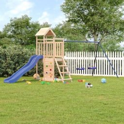 Aire de Jeux Maisonnette de jeu avec toboggan et balançoires Maison enfant exterieur pin massif