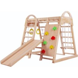 Aire de jeux multifonction 7 en 1 bois massif,Balançoire, échelle d'escalade, toboggan à plaque