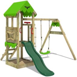 Aire de jeux Portique bois FriendlyFrenzy avec balançoire et toboggan Maison enfant exterieur avec