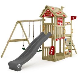 Aire de jeux Portique bois FarmFlyer Tois avec balançoire et toboggan Maison enfant exterieur avec