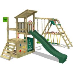 Aire de jeux Portique bois FruityForest avec balançoire SurfSwing et toboggan Maison enfant