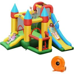 Château Gonflable avec Gonfleur de 580-610W 2 Toboggans, Aire de Saut, Piscine à Balles et Panier