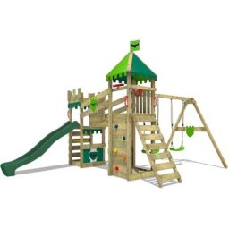 Aire de jeux Portique bois RiverRun avec balançoire et toboggan Maison enfant exterieur avec bac à