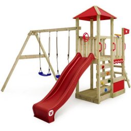 Wickey Aire de jeux Portique bois Smart Savana avec balançoire et toboggan Maison enfant exterieur