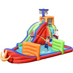 Château Gonflable Bateau Pirate 6 en 1, 316,5 x 428,5 x 286 cm, avec Long Toboggan, Mur d'escalade,