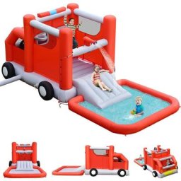 GOPLUS Château Gonflable Forme Camion de Pompier Trampoline&Toboggan&Pistolets a Eau,Parc Aquatique