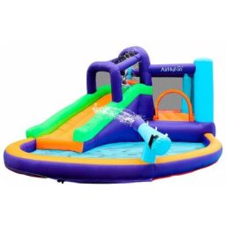 Château Aquatique Gonflable Magic Island avec toboggan et canons à eau, 430x380x190 cm - souffleur