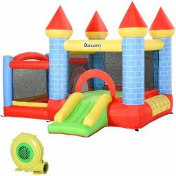 Château gonflable enfant - toboggan, trampoline, piscine, panier - gonfleur, sac de transport