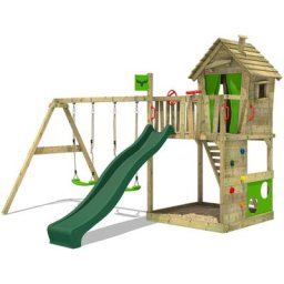 Aire de jeux Portique bois HappyHome avec balançoire et toboggan Maison enfant exterieur avec bac à