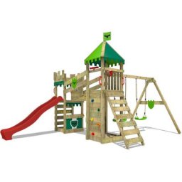 Aire de jeux Portique bois RiverRun avec balançoire et toboggan Maison enfant exterieur avec bac à