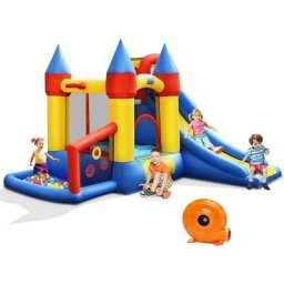 Château Gonflable 6-en-1 pour Enfants Inclus Souffleur 580-610W Toboggan Cercle de Basket-Ball Aire
