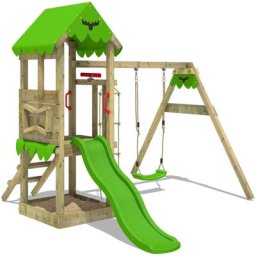 Aire de jeux Portique bois FriendlyFrenzy avec balançoire et toboggan Maison enfant exterieur avec