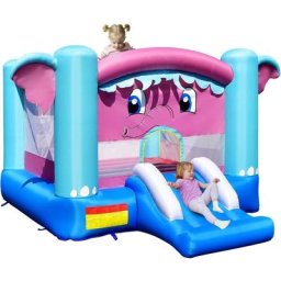 Château Gonflable Thème de l'Éléphant avec Trampoline, Toboggan et Panier de Basket-Ball,