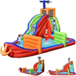 Château Gonflable Bateau Pirate, Aire de Jeux Gonflable Aquatique avec Zone d'Escalade, Toboggan,