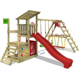 Aire de jeux Portique bois FruityForest avec balançoire SurfSwing et toboggan Maison enfant