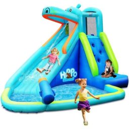 Aire de Jeux Gonflable Enfant avec Toboggan-Piscine,Mur d'Escalade,Canon à Eau-en Polyester Charge