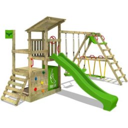 Aire de jeux Portique bois FruityForest avec balançoire SurfSwing et toboggan Maison enfant